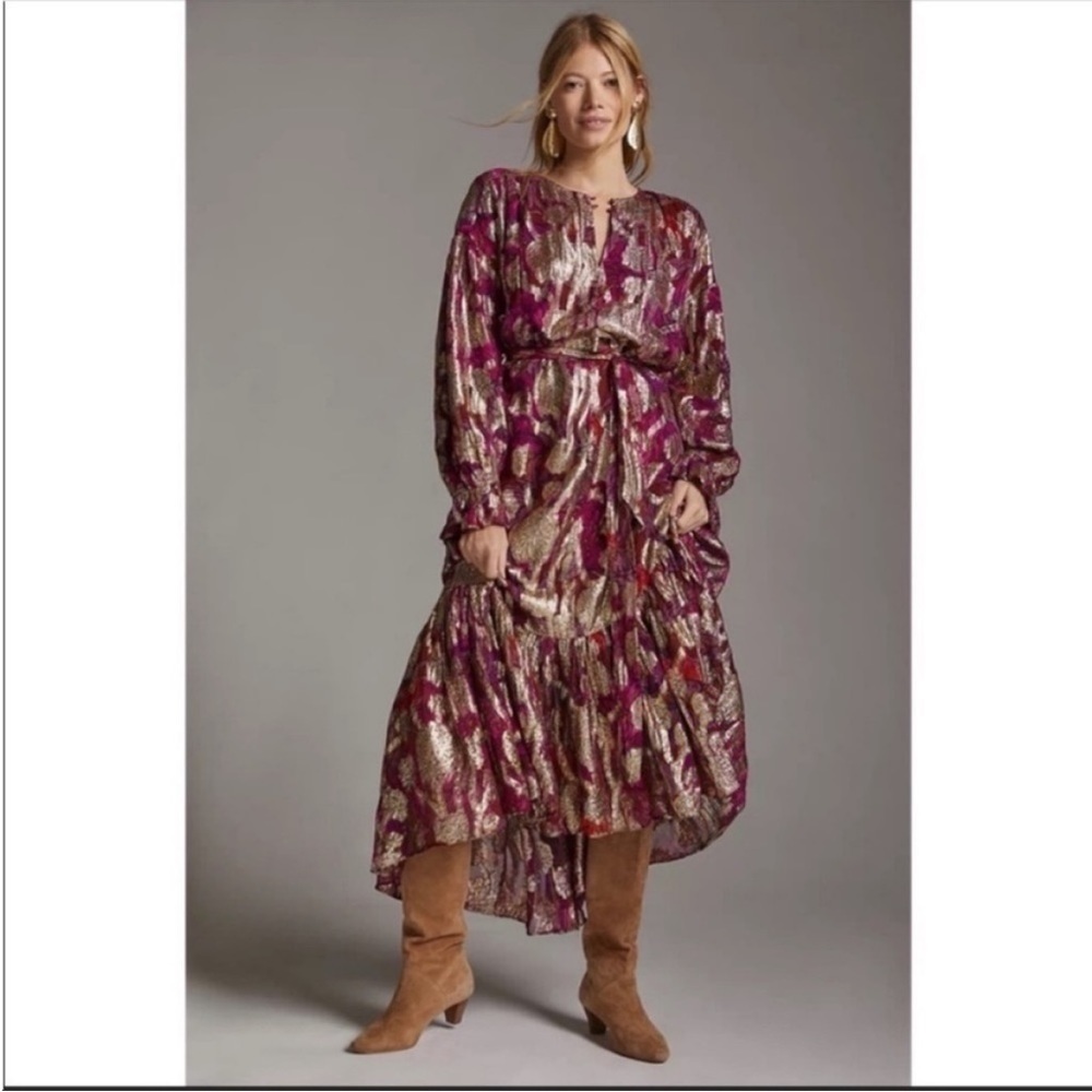 Anthropologie Pink Gold Shimmer Floral Midi Dress High Low Hem Belted Medium NWT